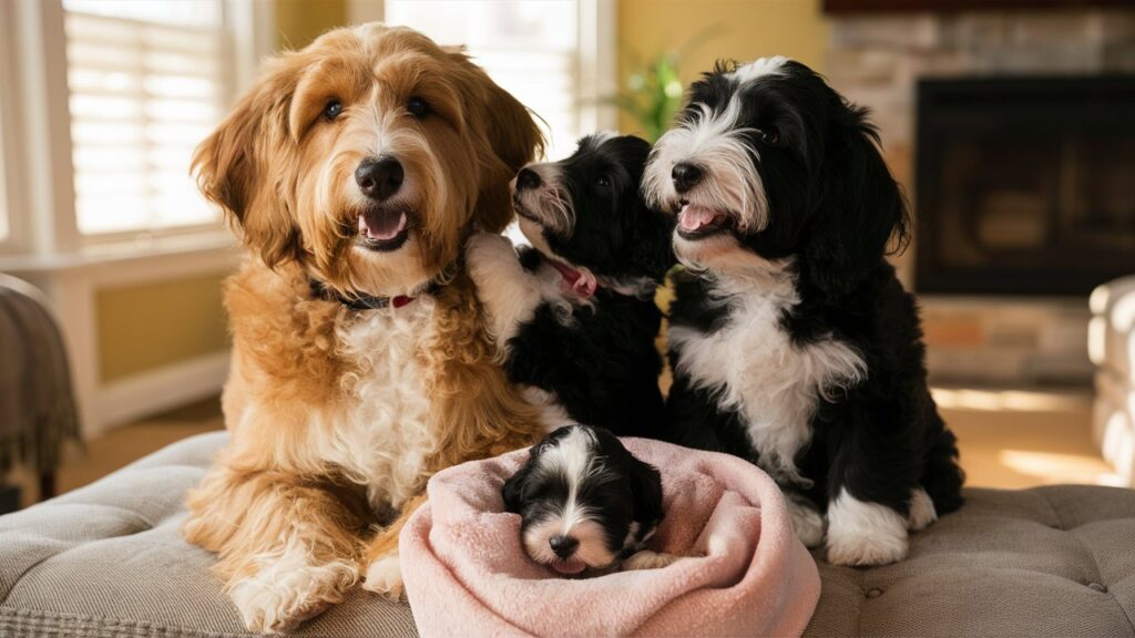 A happy Mini Bernedoodle family, including the mother, father, and their puppies, sitting together in a grassy yard.