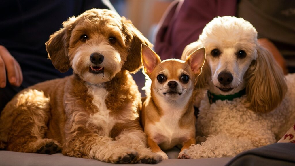 A Chicka Doodle sitting beside a Chihuahua and a Poodle, highlighting the breed's unique hybrid origins.