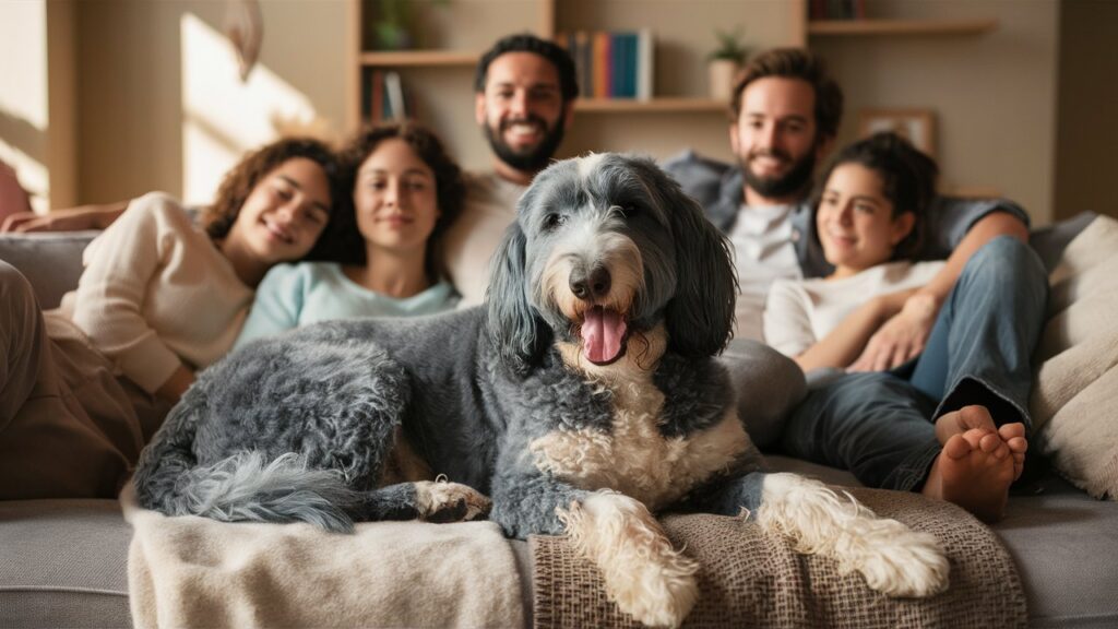 Blue Heeler Doodle relaxing at home with its family.