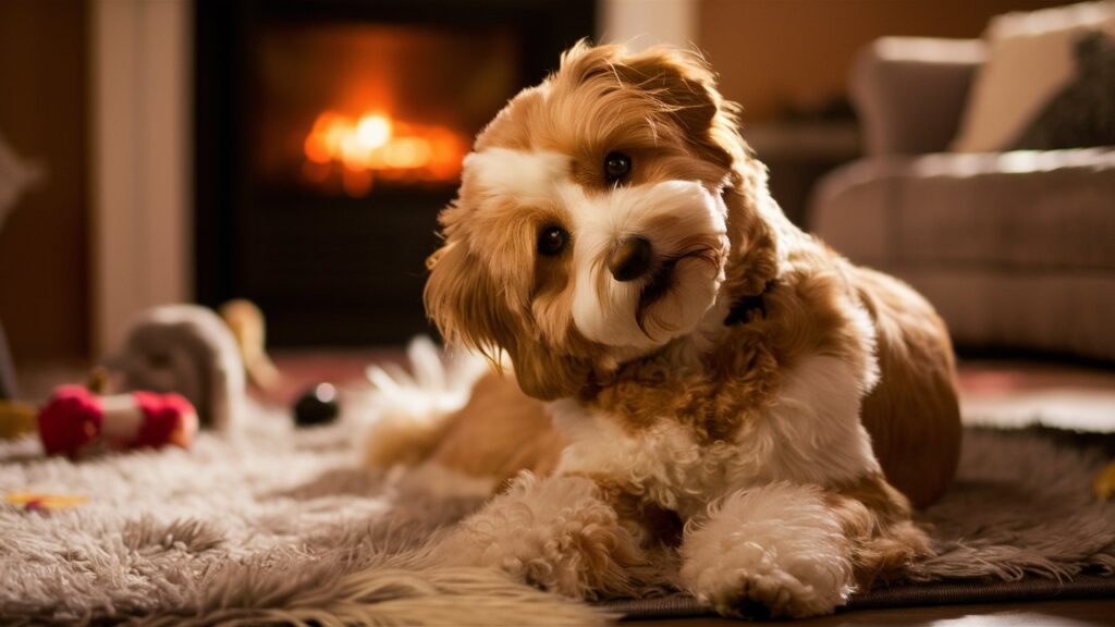 Chicka Doodle Dog resting on a rug in a warm living room.