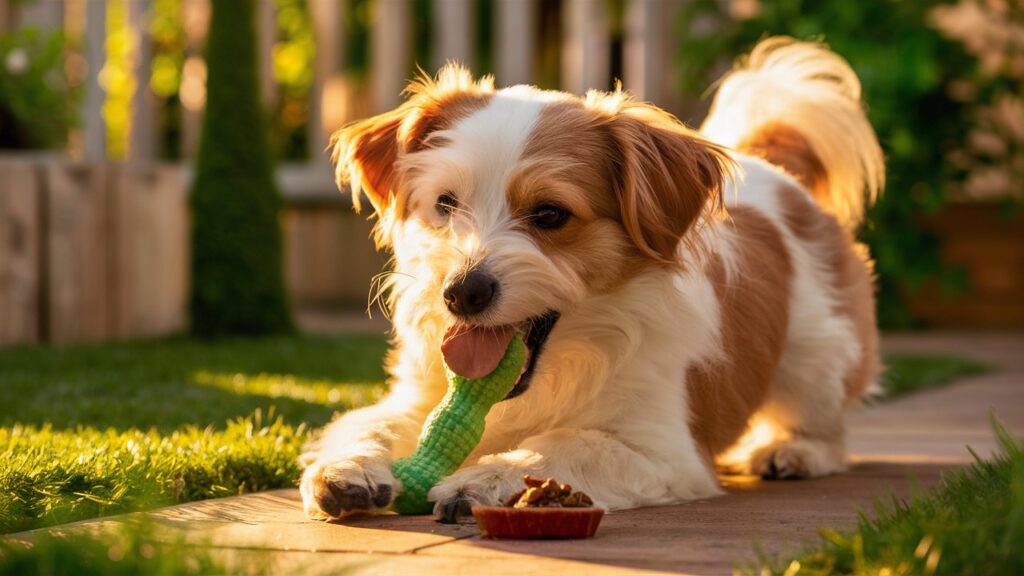 A happy dog playing with a chew toy or eating a healthy treat.