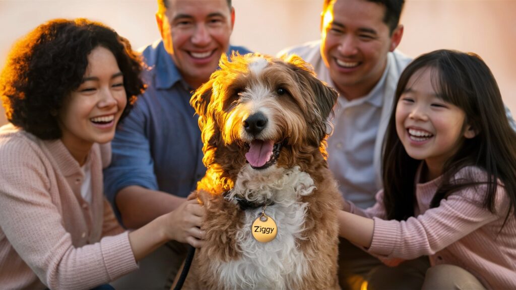 Happy family with their Aussie Doodle, showing a custom dog tag with the name Ziggy.