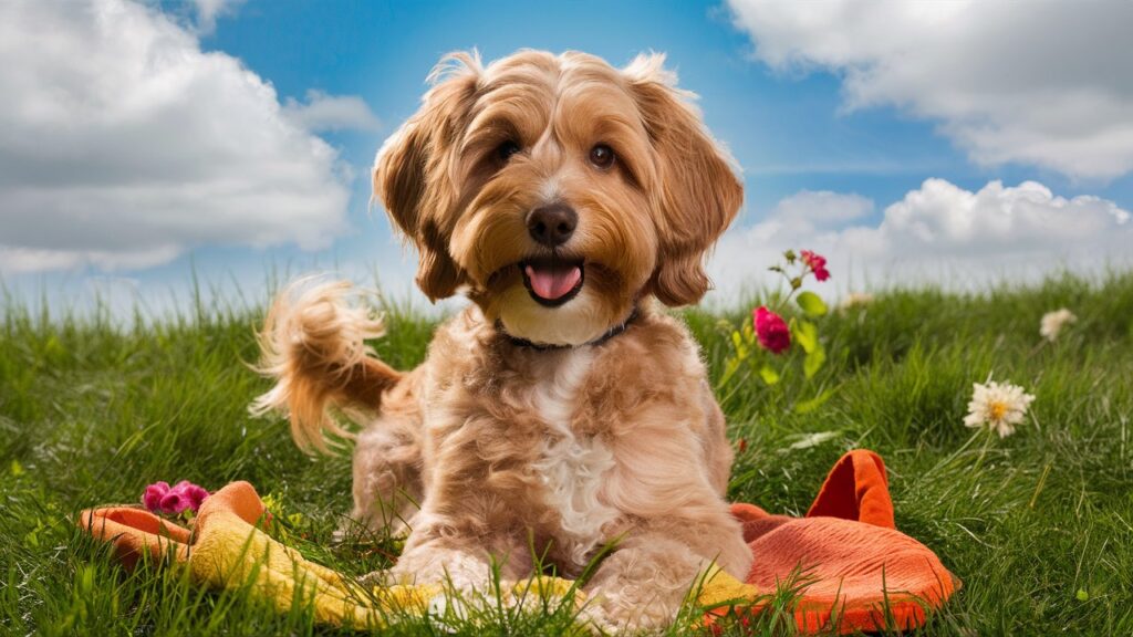 Fluffy golden-brown Cockapoo Doodle dog sitting on a grassy field.