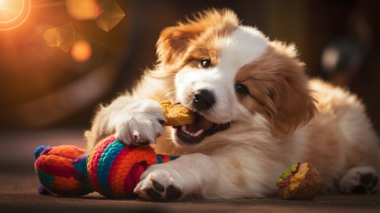 A happy dog playing with a chew toy or eating a healthy treat.