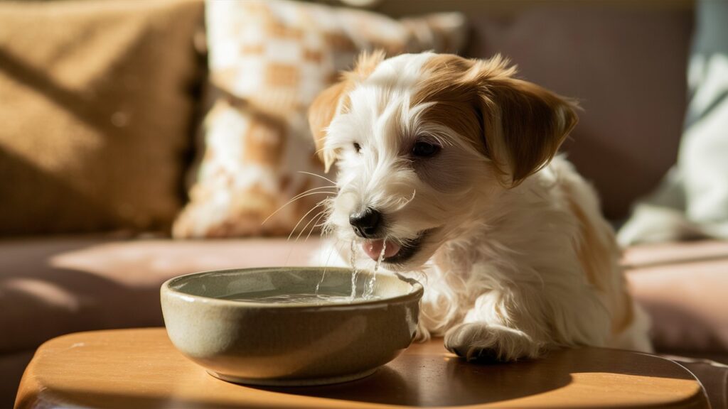 A dog drinking water from a bowl to stay hydrated after eating salty snacks.