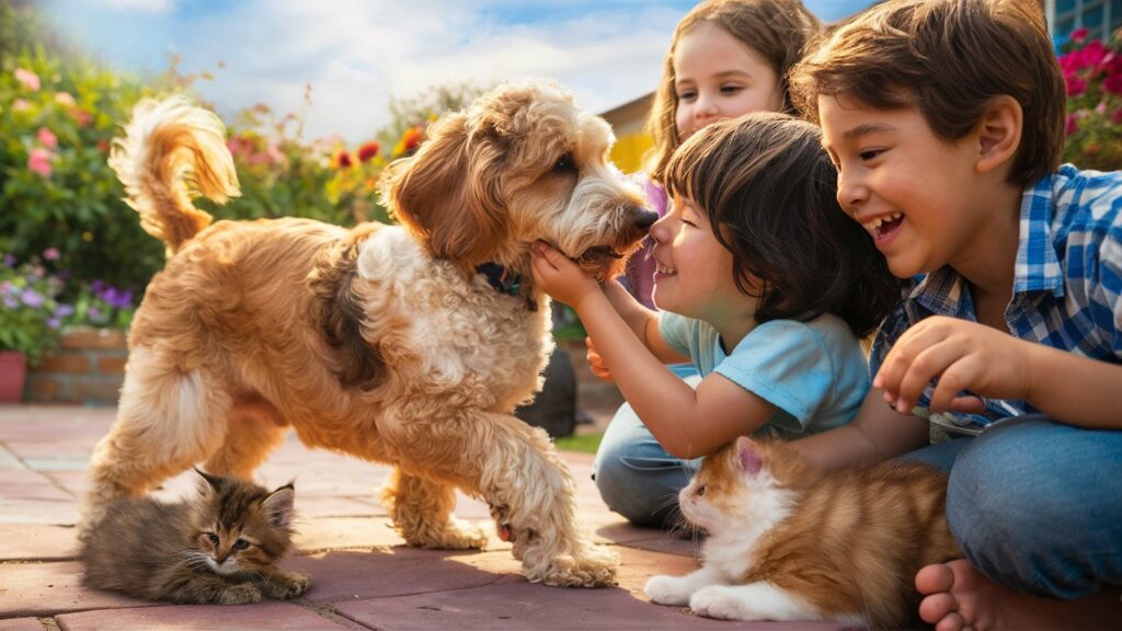 Mini double doodle interacting with kids and a kitten.