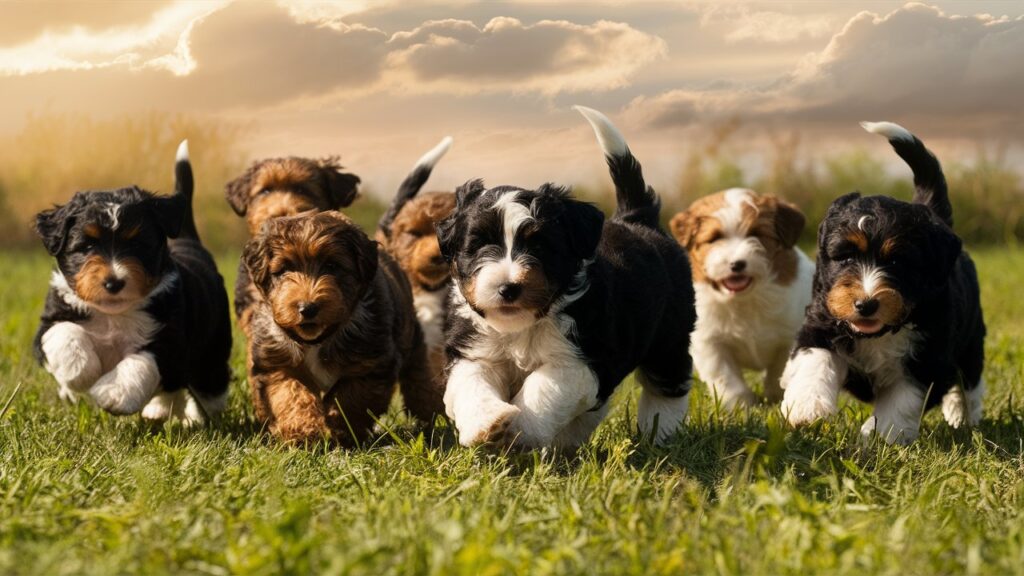 A group of Mini Bernedoodle puppies playing together, showcasing their playful and social nature.