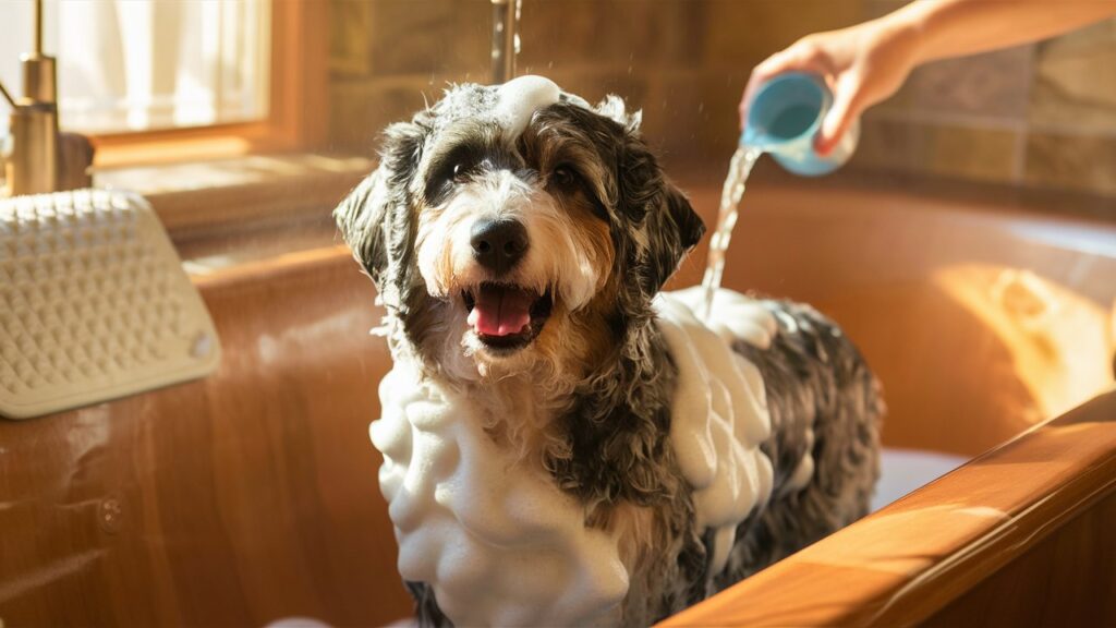 Australian Labradoodle being bathed in a tub with shampoo and water.