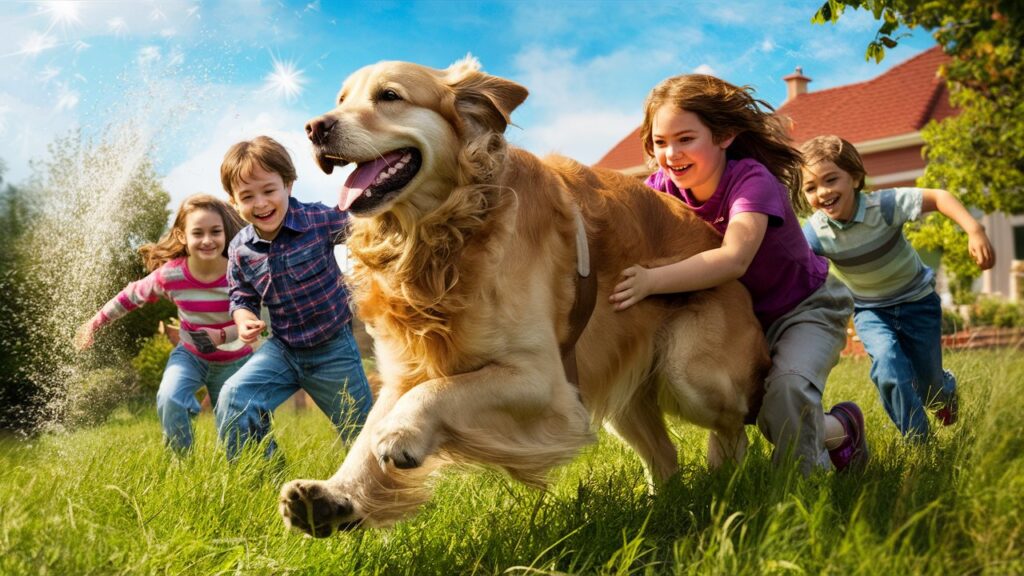 A gentle guardian dog playing with happy children in a backyard, highlighting their family-friendly nature.