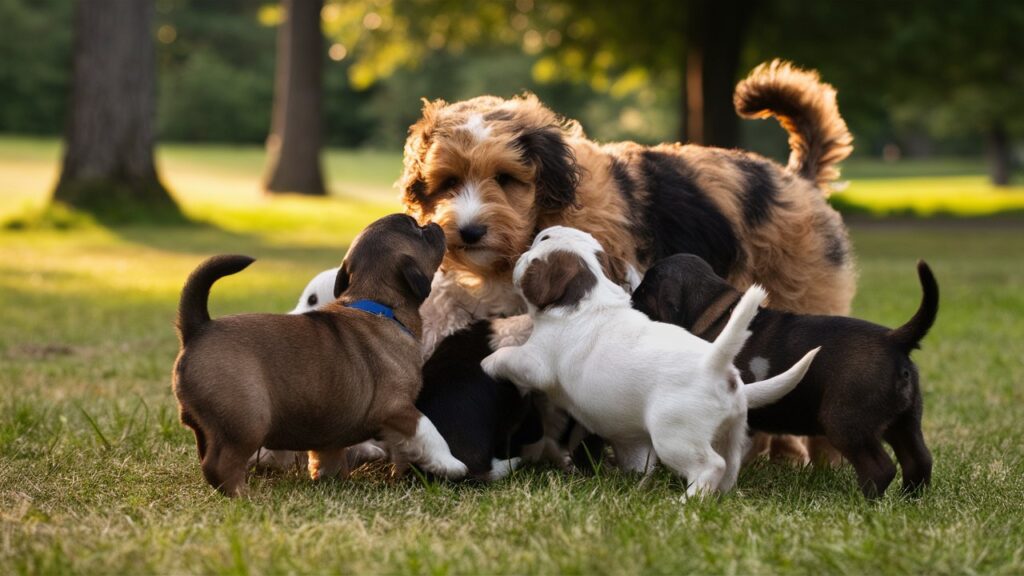 A Mini Bernedoodle lying with her litter of fluffy puppies, showcasing their adorable size and coat colors.