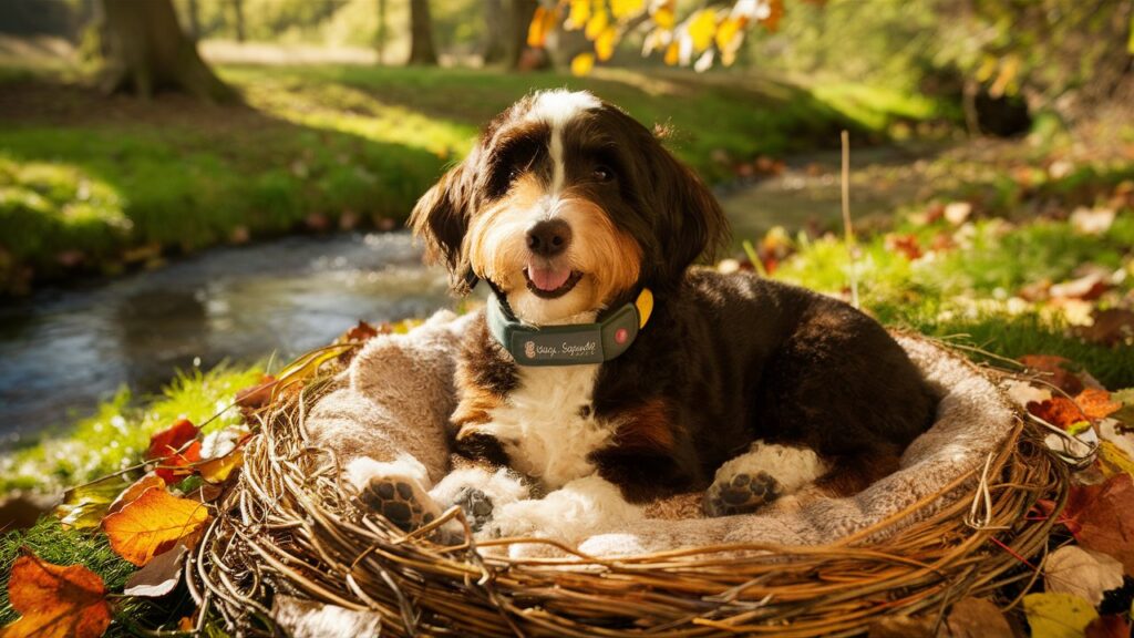 A pregnant Mini Bernedoodle resting comfortably on a soft bed, showing her rounded belly.