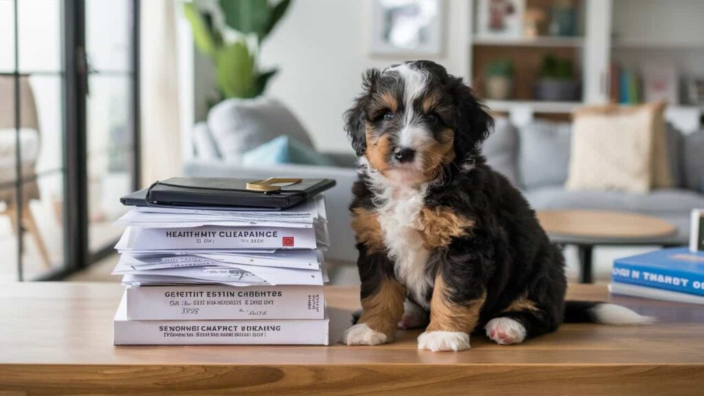 A Merle Bernedoodle puppy with health clearance certificates, highlighting responsible breeding practices.