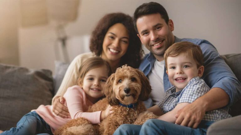 Family enjoying quality time with their Mini Irish Doodle, showcasing its family-friendly nature.