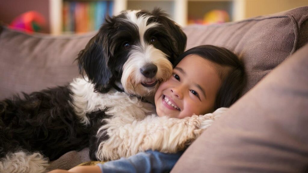 Mini Sheepadoodle cuddling with a child, showing its loving temperament.