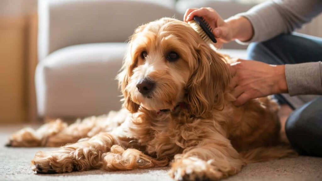 Mini Goldendoodle being brushed to maintain its soft, hypoallergenic coat.