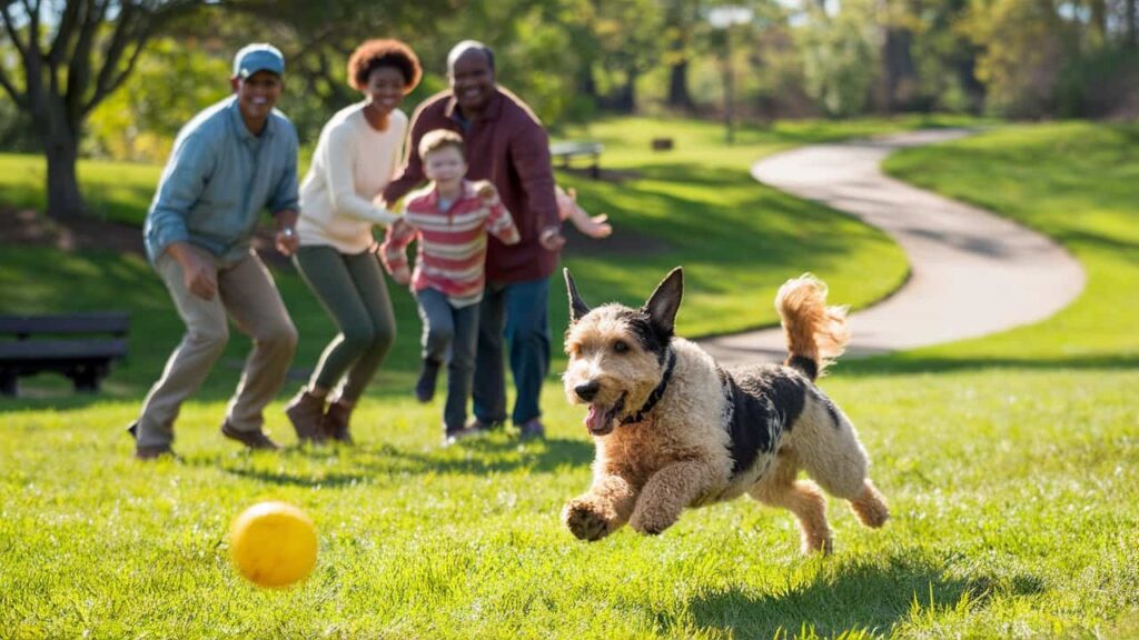 A family enjoys a game of fetch with their Cattle Dog x Poodle in a sunny park, highlighting the breed's need for exercise.