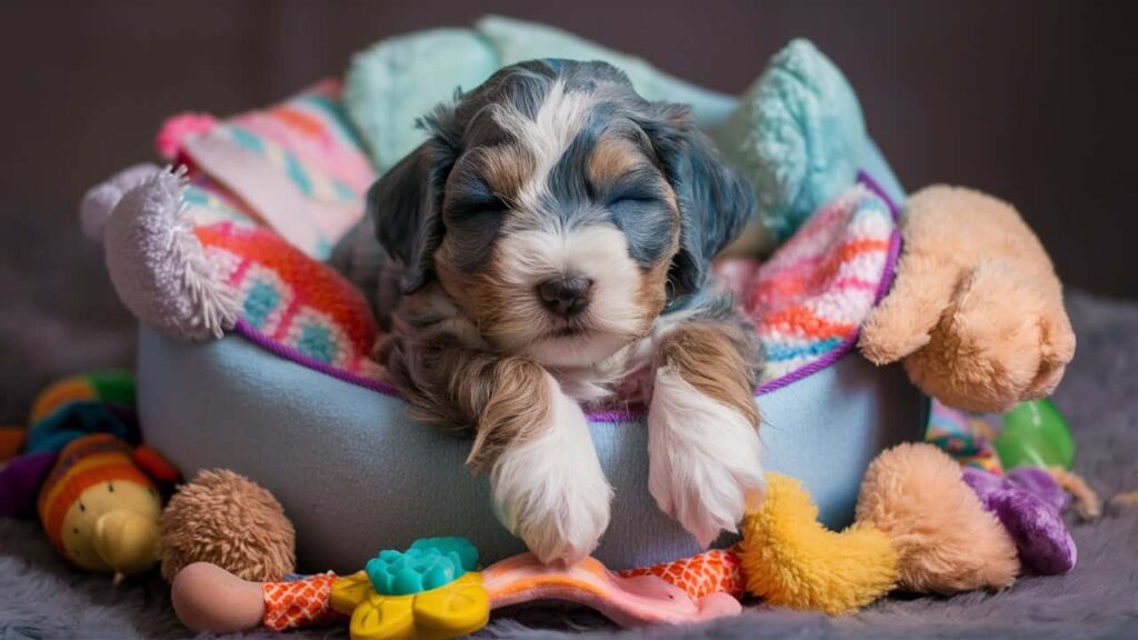 Adorable Blue Merle Mini Labradoodle puppy sleeping in a cozy bed with toys.