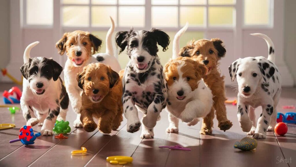 Several Dalmadoodle puppies of varying sizes and coat patterns play together.