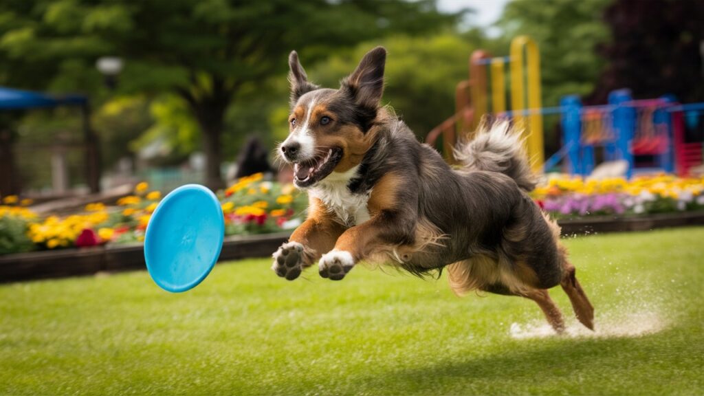 Australian Cattle Dog puppy playing fetch with a frisbee.