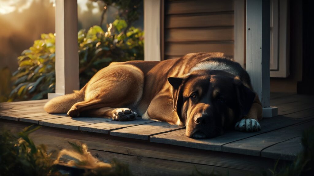 A calm guardian dog resting on a porch, symbolizing the rewarding companionship of being a guardian dog owner.