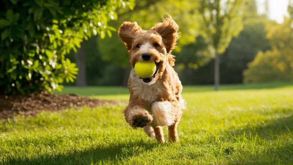 Mini Irish Doodle playing fetch in a park, highlighting its exercise requirements.