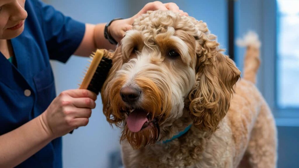  A Labradoodle with a wool coat being groomed.