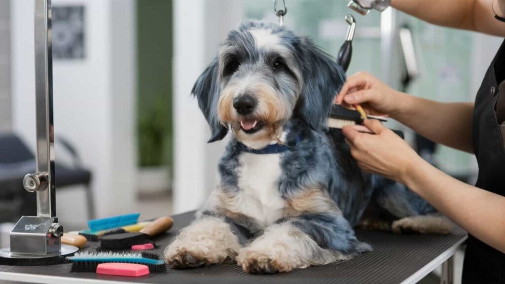 Professional grooming a Blue Merle Mini Labradoodle, showcasing proper coat care.