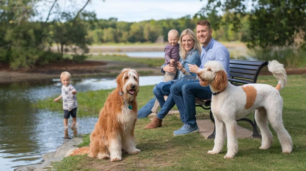 A happy family with a Goldendoodle and a Poodle, enjoying time together outdoors.