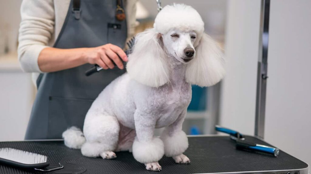 A Poodle being groomed, emphasizing the importance of regular brushing and professional grooming.