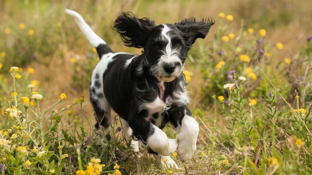 A Dalmadoodle puppy with spotted fur runs joyfully through a field of colorful wildflowers.