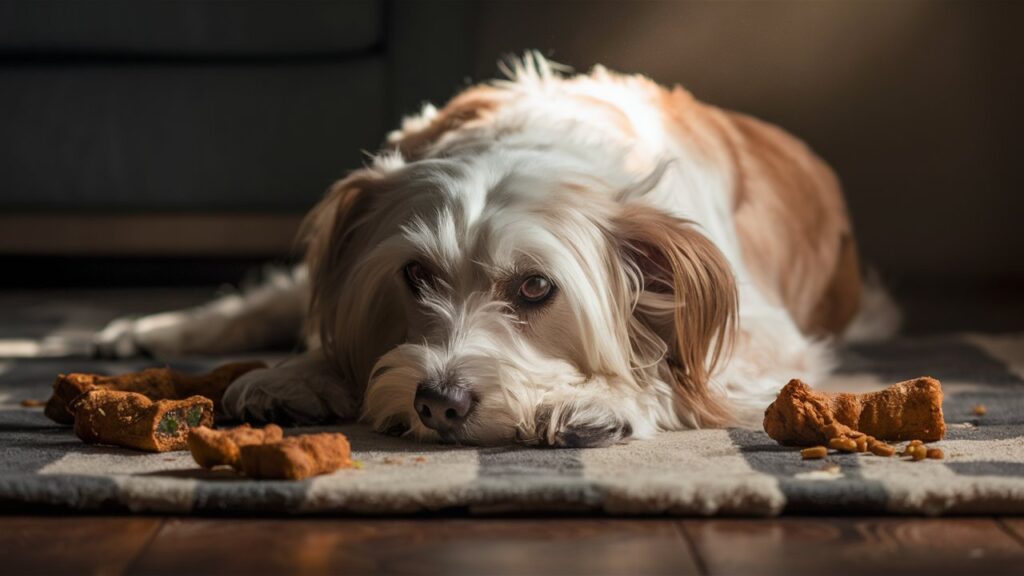 A dog lying down, looking unwell after eating unhealthy snacks.