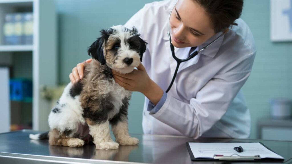 A veterinarian examines a Dalmadoodle puppy during a checkup.