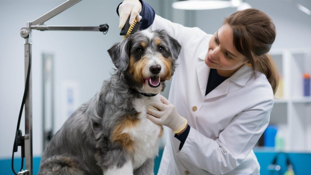  A professional groomer brushing the coat of a Merle Australian Labradoodle, showing how to prevent matting.