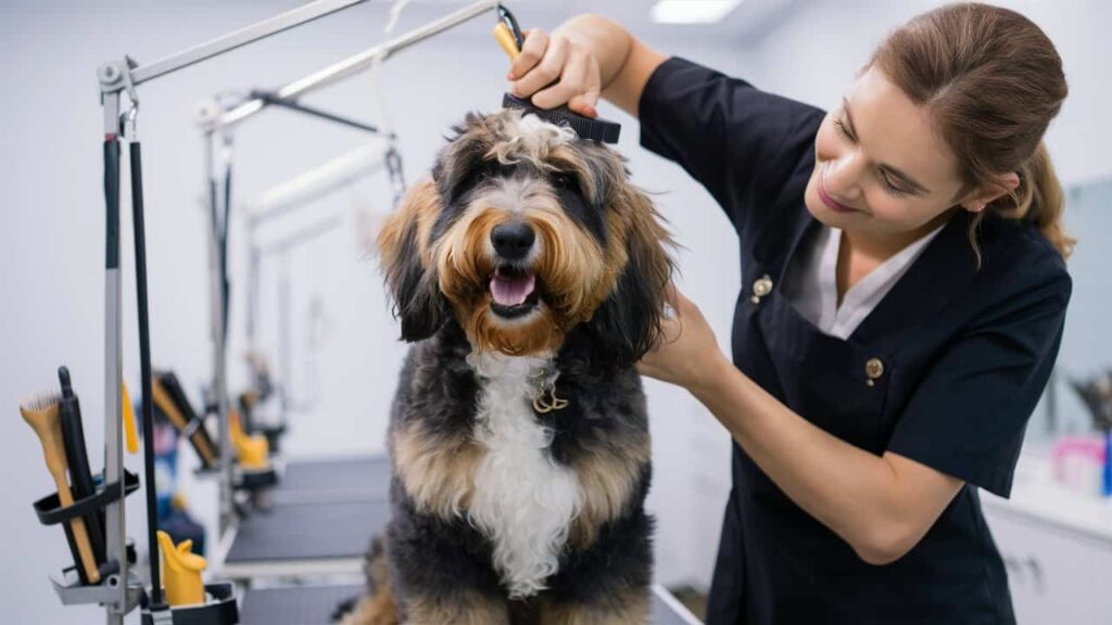 A groomer brushing the curly coat of a Merle Bernedoodle to prevent matting.