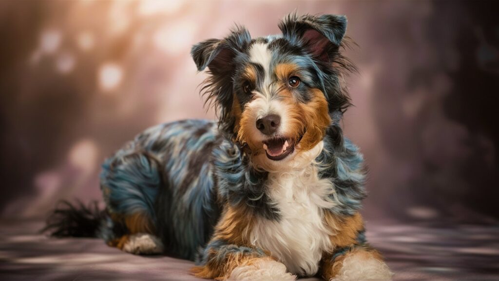 Merle-colored Aussie Doodle with a playful expression, showcasing their unique coat and personality.