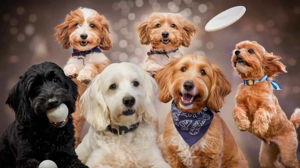 A collage of four Cockapoos showcasing different coat colors: black, white, apricot, and parti-colored (black and white). Each dog has a curly or wavy coat and is looking at the camera.