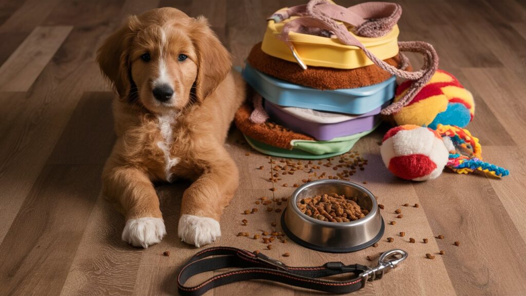 Golden Mountain Doodle puppy with puppy supplies.