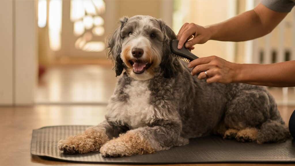 Close-up of a person brushing an Australian Labradoodle’s curly coat with a slicker brush.