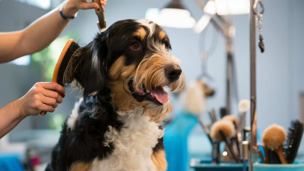 A Heeler Doodle being groomed, emphasizing the importance of regular brushing and care.