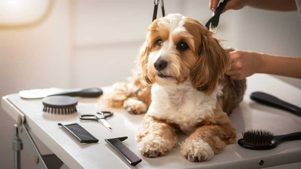 A calm Cockapoo sitting on a grooming table while a professional groomer brushes its curly, apricot-colored coat. Grooming tools like brushes and scissors are visible on the table.