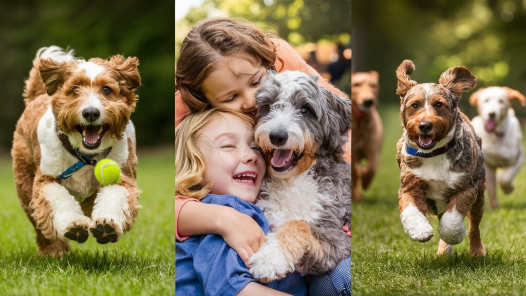 Aussie Doodles showcasing their social nature: playing, cuddling, and at the dog park.