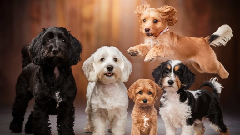 A collage of four Cockapoos showcasing different coat colors: black, white, apricot, and parti-colored (black and white). Each dog has a curly or wavy coat and is looking at the camera.