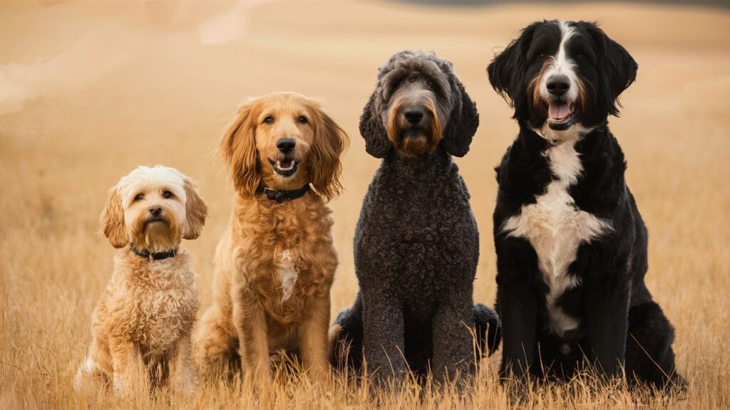 Side-by-side images of four Doodle breeds: a small Cockapoo, a medium Goldendoodle, a large Labradoodle, and a fluffy Bernedoodle. Each dog is sitting and looking at the camera, showcasing their size and coat differences.