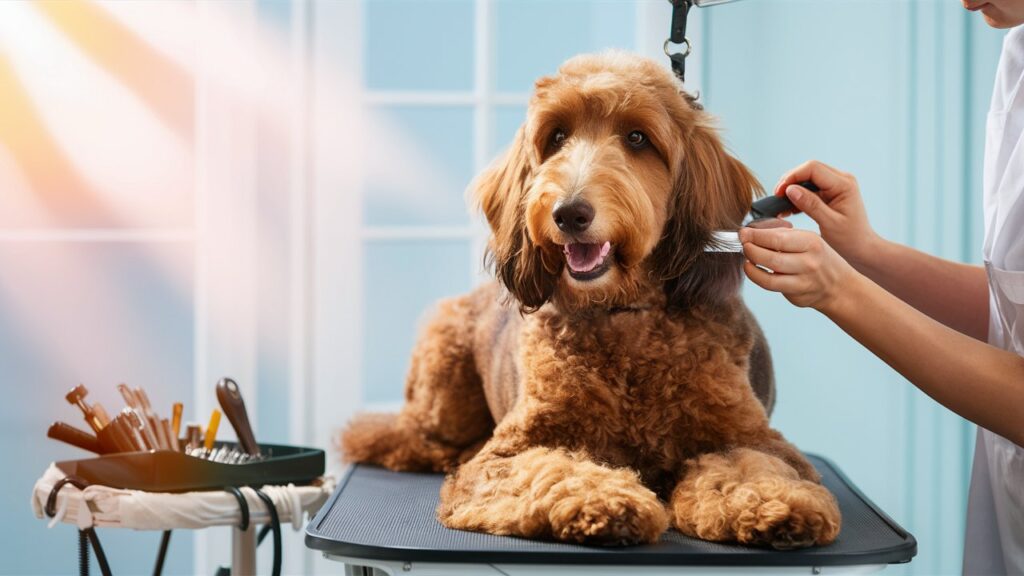 A Double Doodle being groomed by a professional, with brushes and grooming tools on the table, highlighting the importance of regular coat care.