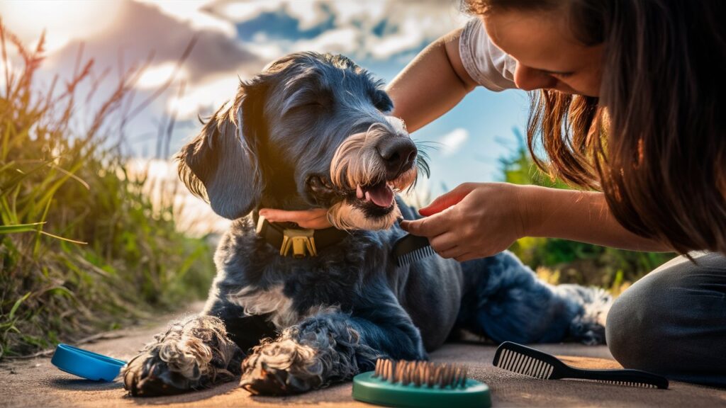 Owner brushing a Blue Heeler Doodle's coat.