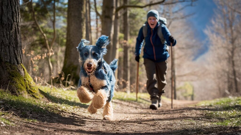 Blue Heeler Doodle running with its owner on a trail.