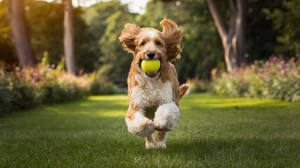 A happy Double Doodle running in a park with a tennis ball in its mouth, showcasing its playful and energetic personality.