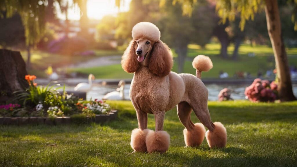 A Standard Poodle standing tall, showcasing its elegant and hypoallergenic curly coat.