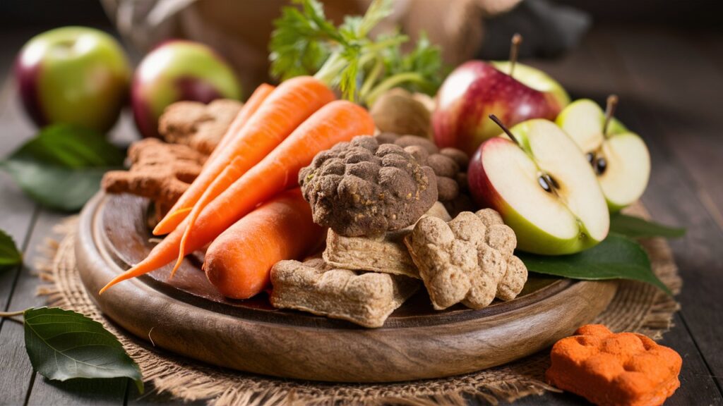 A variety of healthy dog treats, including carrots, apples, and dog biscuits.