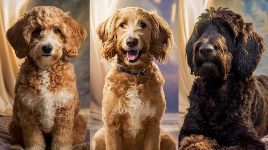 Side-by-side comparison of a Double Doodle, Goldendoodle, and Labradoodle, showcasing their different coat types, sizes, and colors.